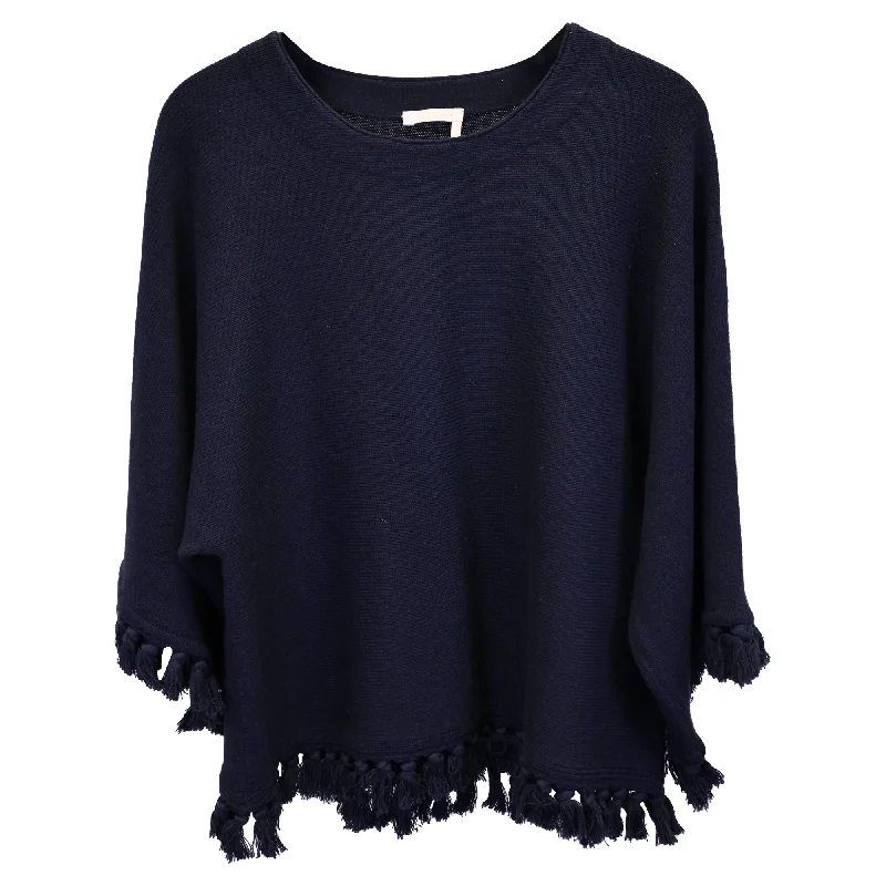 Chloe Fringed Sweater in Navy Wool