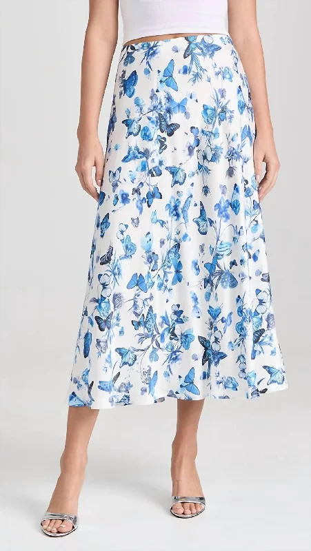 Clarisa Bias Midi Skirt In White/blue Butterflies