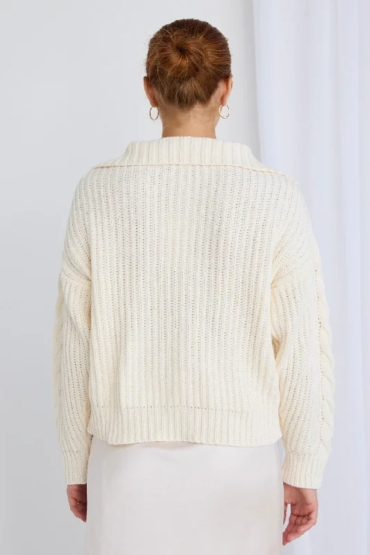 Clover Ivory Zip Front Cable Knit Jumper