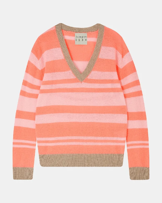 CONTRAST STRIPE VEE IN NEON CORAL