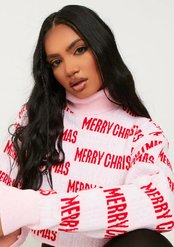 Iris Pink Merry Christmas Knitted Crop High Neck Jumper