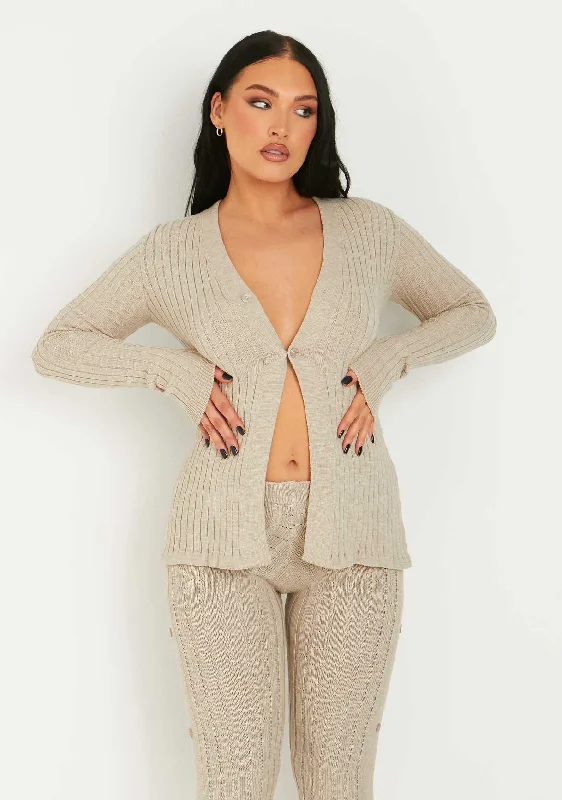 Kaya Oatmeal Rib Knit Button Up Cardigan