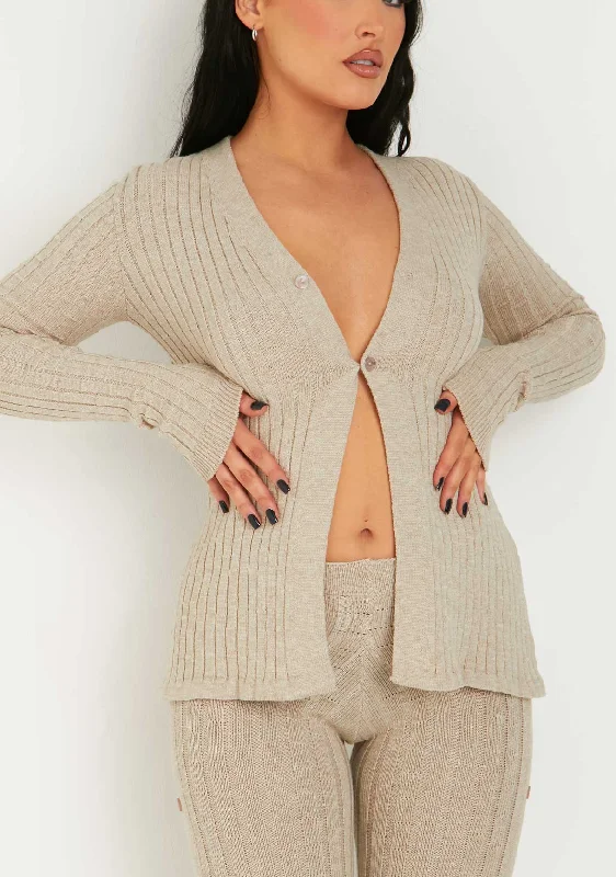 Kaya Oatmeal Rib Knit Button Up Cardigan