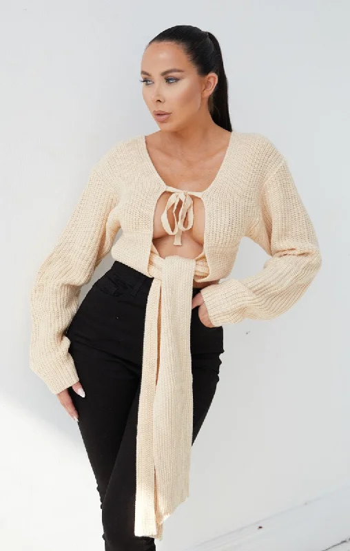 Cream Oversized Knitted Ribbed Long Sleeve Cut-Out Tie Detail Crop Jumper - Paloma