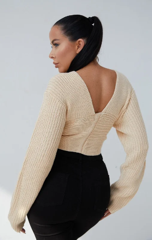 Cream Oversized Knitted Ribbed Long Sleeve Cut-Out Tie Detail Crop Jumper - Paloma