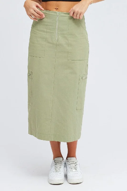 Green Cargo Skirt High Waist A-line Zip Detail Utility