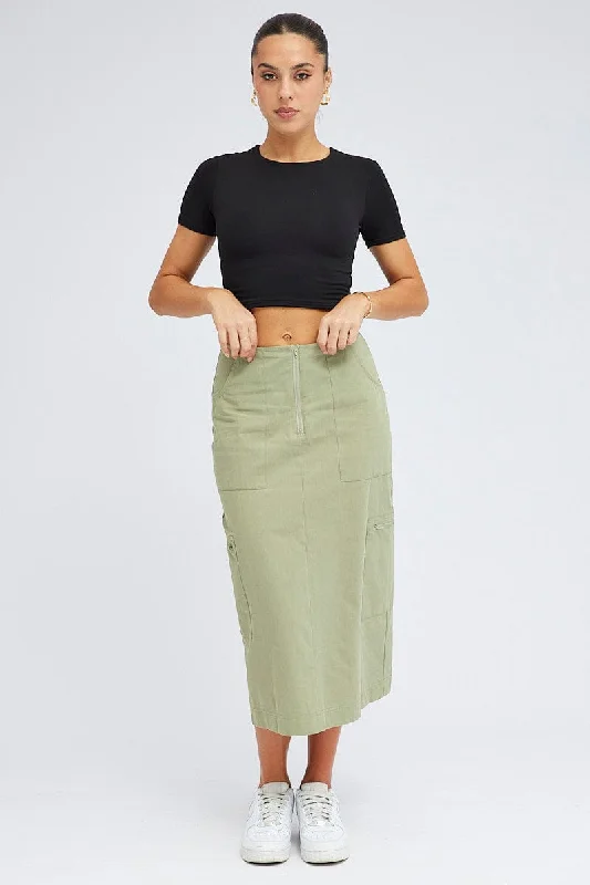 Green Cargo Skirt High Waist A-line Zip Detail Utility