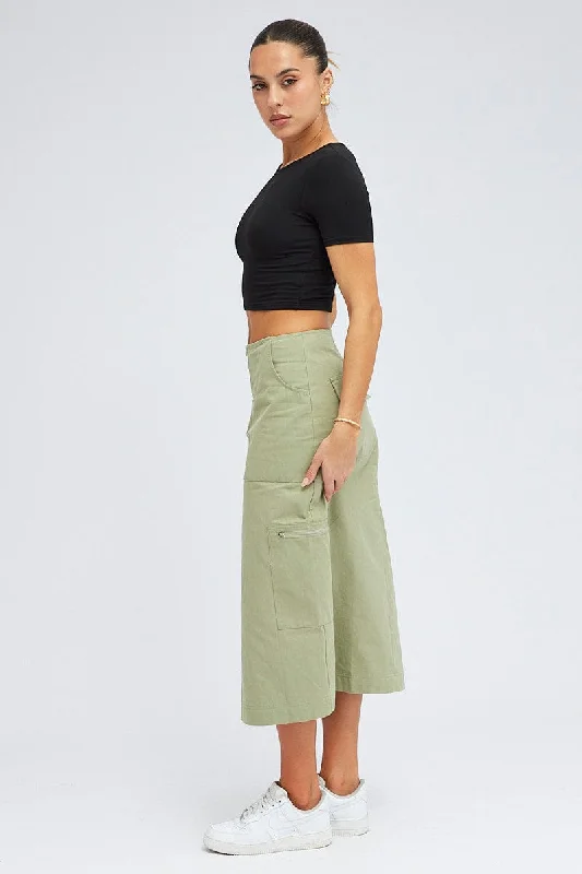 Green Cargo Skirt High Waist A-line Zip Detail Utility