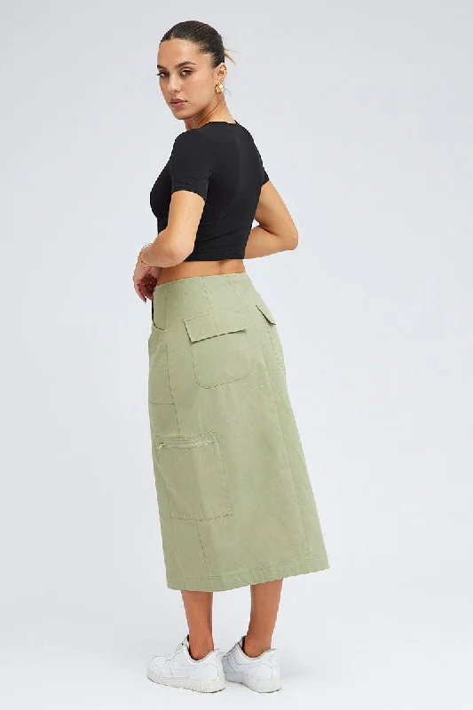 Green Cargo Skirt High Waist A-line Zip Detail Utility