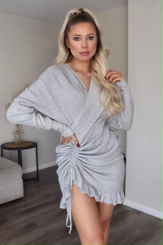 Mimi Grey Knit Wrap Ruched Frill Hem Dress