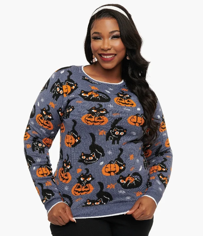 Grey Pumpkin & Cat Print Knit Sweater