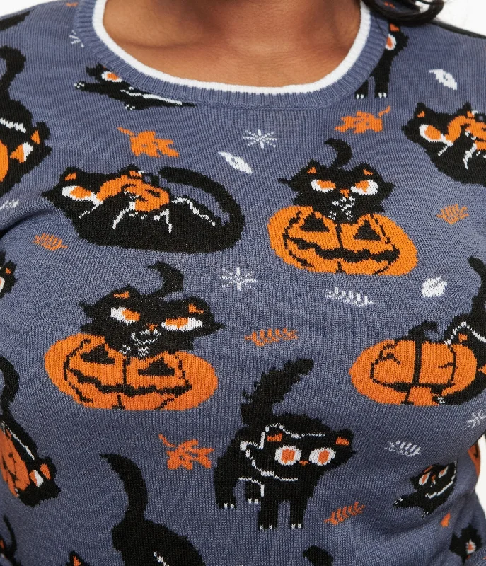 Grey Pumpkin & Cat Print Knit Sweater