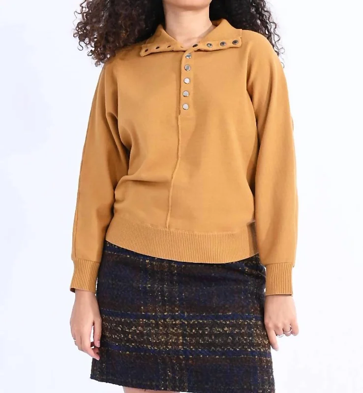 High Neck Buttoned Sweater In Saffron Yellow