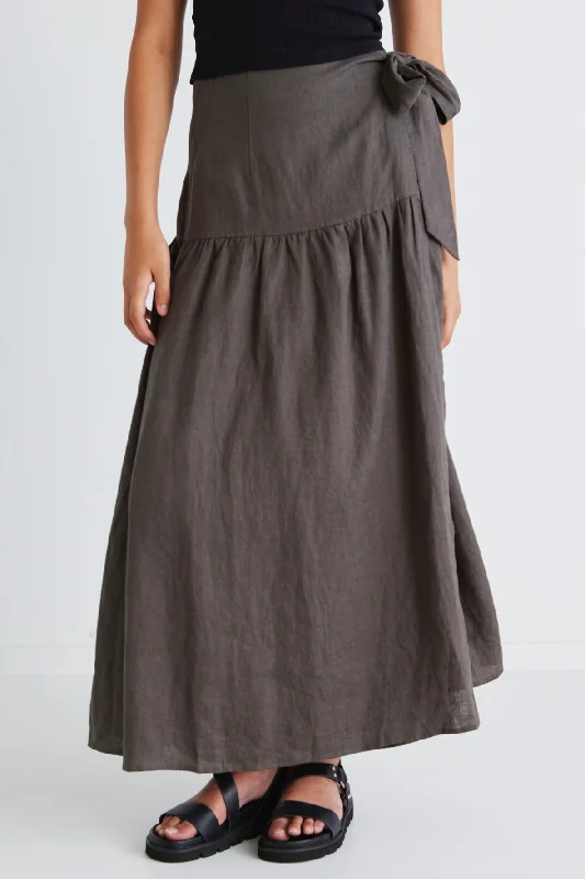 Impact Dark Olive Linen Tiered Wrap Maxi Skirt