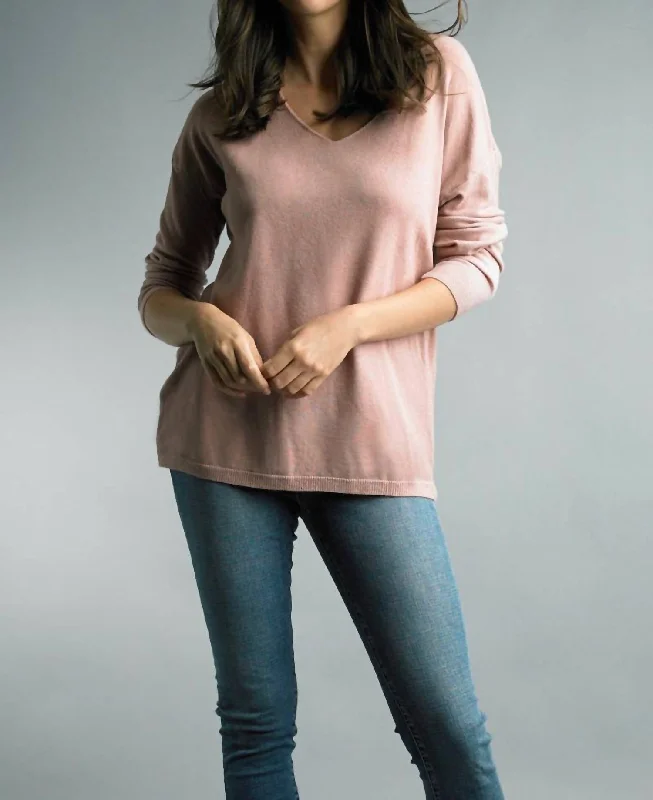 Knit V-Neck Sweater In Mauve