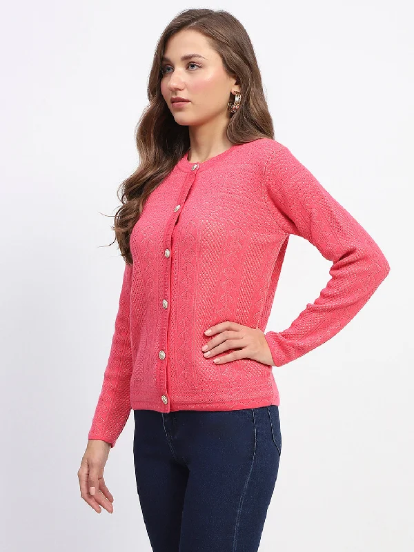 Madame Self-Designed Crew Neck Button Down Coral Cardigan