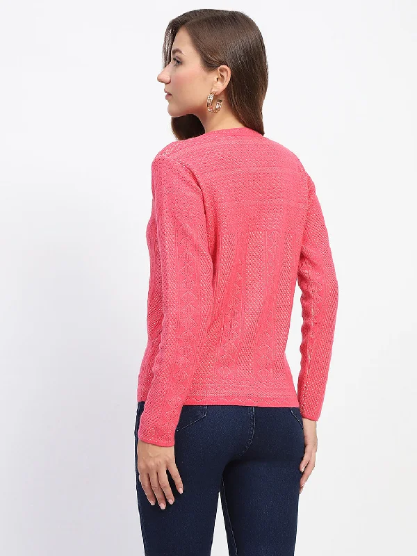 Madame Self-Designed Crew Neck Button Down Coral Cardigan