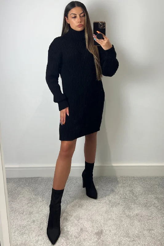 Marlin Black Roll Neck Ribbed Knit Jumper Dress