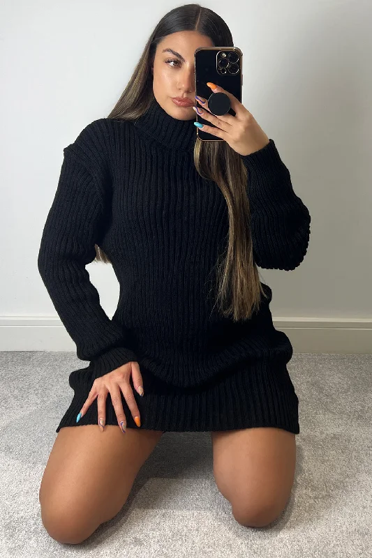 Marlin Black Roll Neck Ribbed Knit Jumper Dress