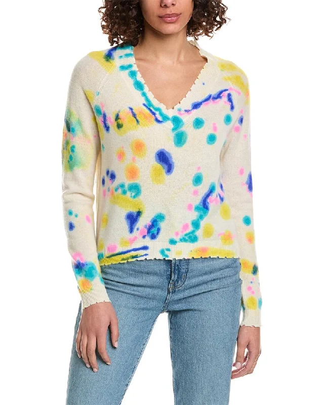 Minnie Rose Frayed Printed Tie-Dye Cashmere Sweater