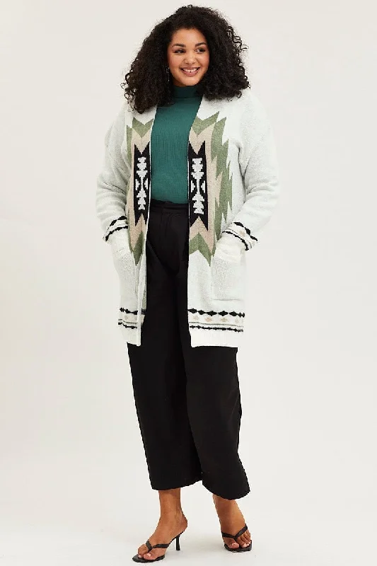 Multi Colour Knit Cardigan Long Sleeve Aztec Longline