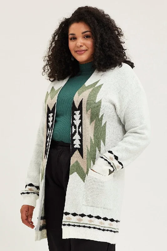 Multi Colour Knit Cardigan Long Sleeve Aztec Longline