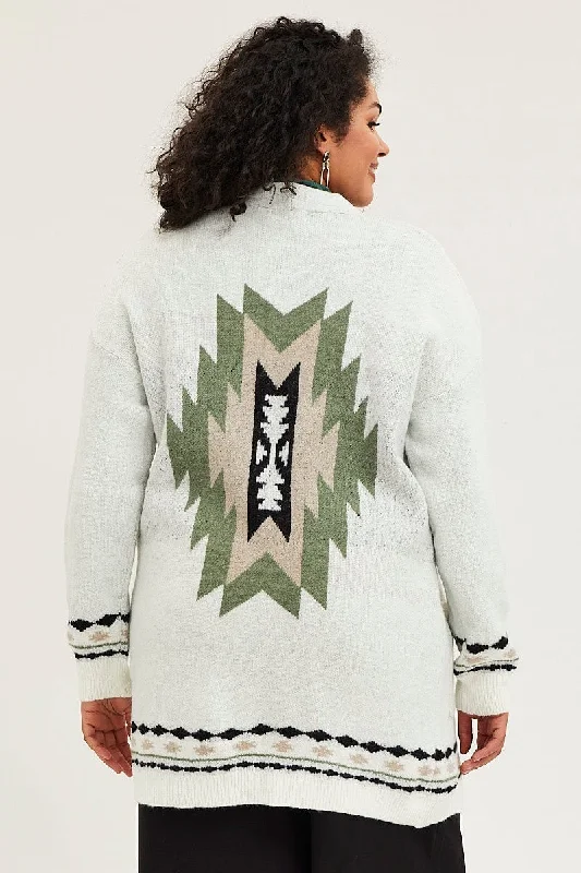 Multi Colour Knit Cardigan Long Sleeve Aztec Longline