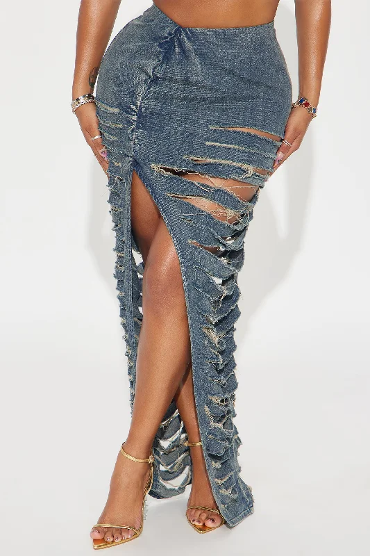 On The Run Distressed Denim Maxi Skirt - Dark Wash