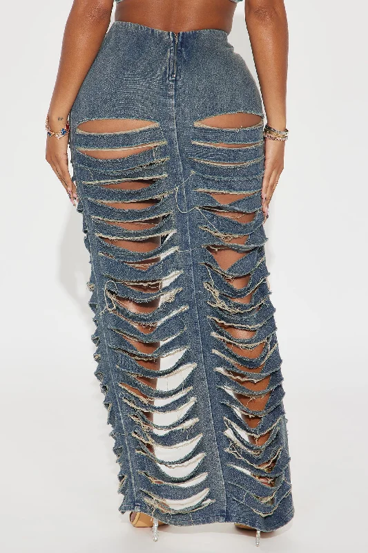 On The Run Distressed Denim Maxi Skirt - Dark Wash