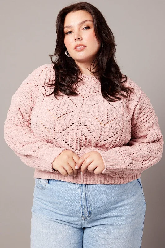 Pink Knit Jumper Long Sleeve Crew Neck Chenille