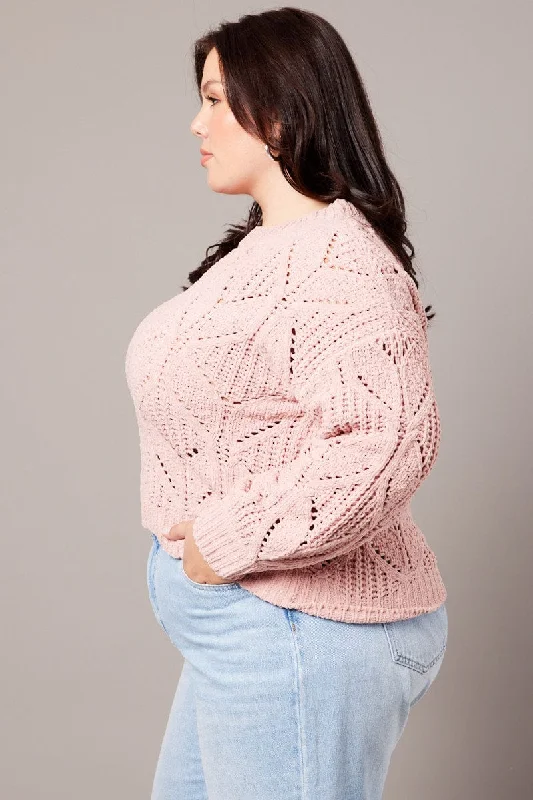 Pink Knit Jumper Long Sleeve Crew Neck Chenille