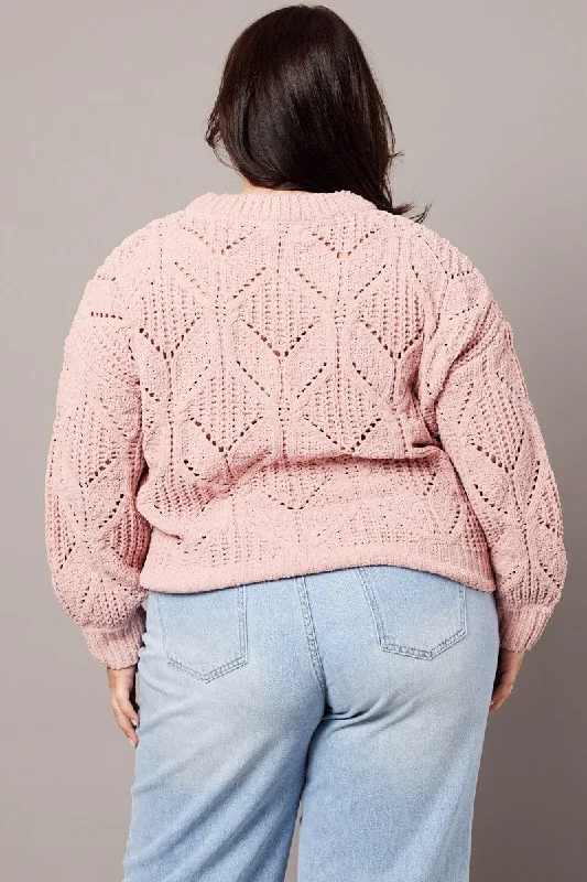 Pink Knit Jumper Long Sleeve Crew Neck Chenille