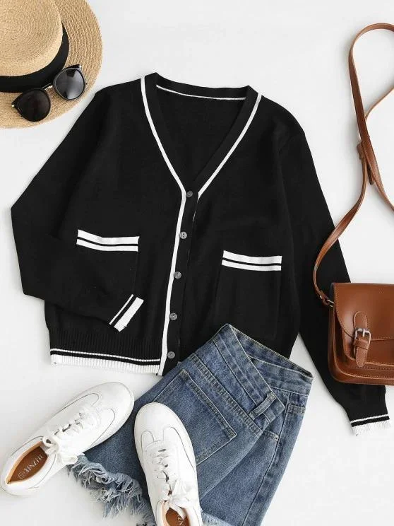 Plunge Contrast Knit Pocket Cardigan for Women