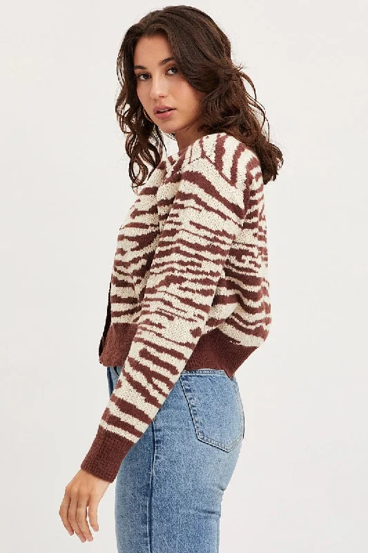 Print Knit Cardigan Long Sleeve Crop