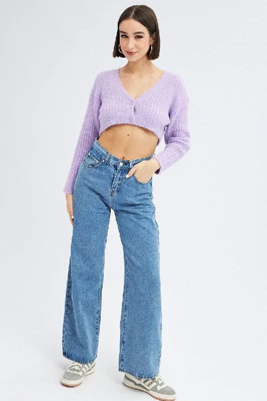 Purple Crop Knit Cardigan V Neck