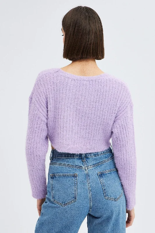 Purple Crop Knit Cardigan V Neck