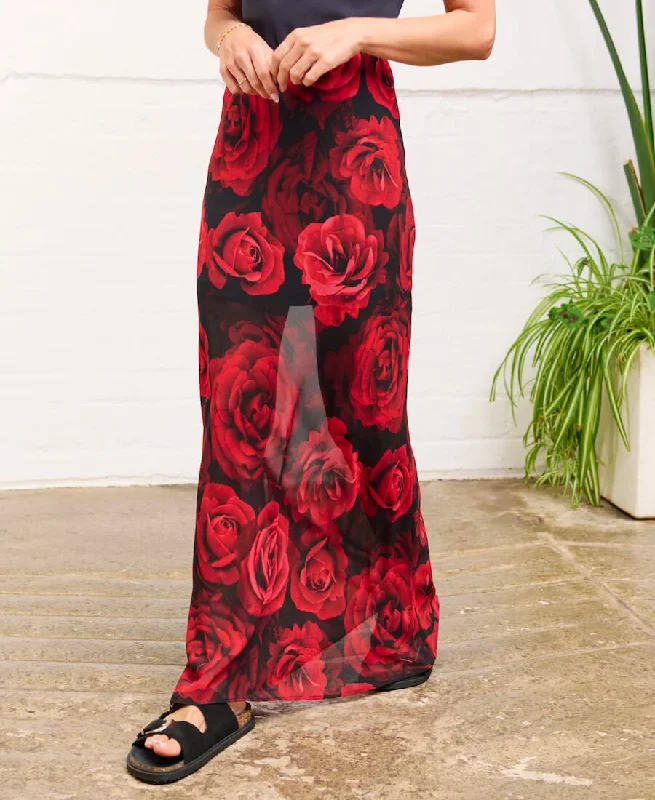 Red Rose Floral Chiffon Maxi Skirt