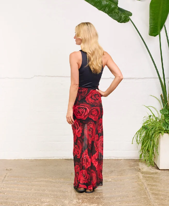 Red Rose Floral Chiffon Maxi Skirt