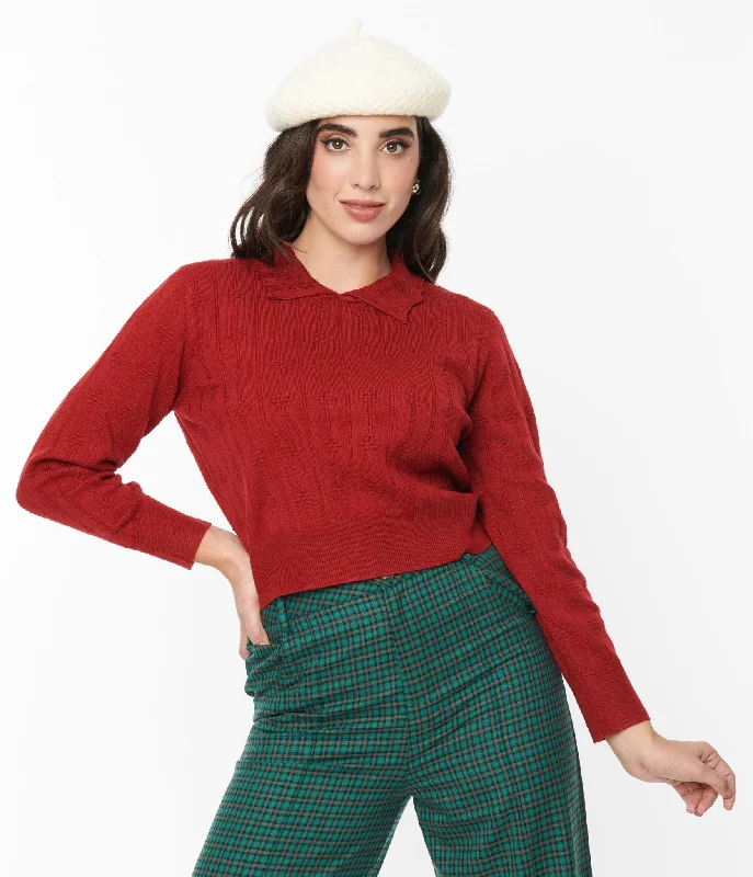 Red Textured Collared Knit Sweater