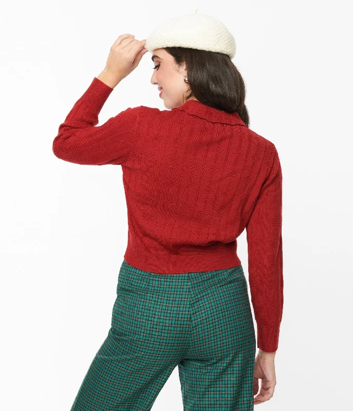 Red Textured Collared Knit Sweater