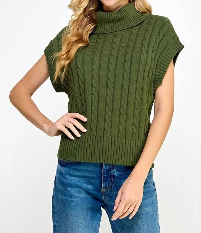 Roll Neck Knit Tank Sweater In Olive