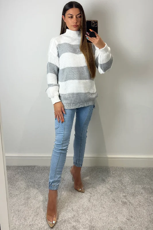 Selina Grey and White Stripe High Neck Knit Jumper