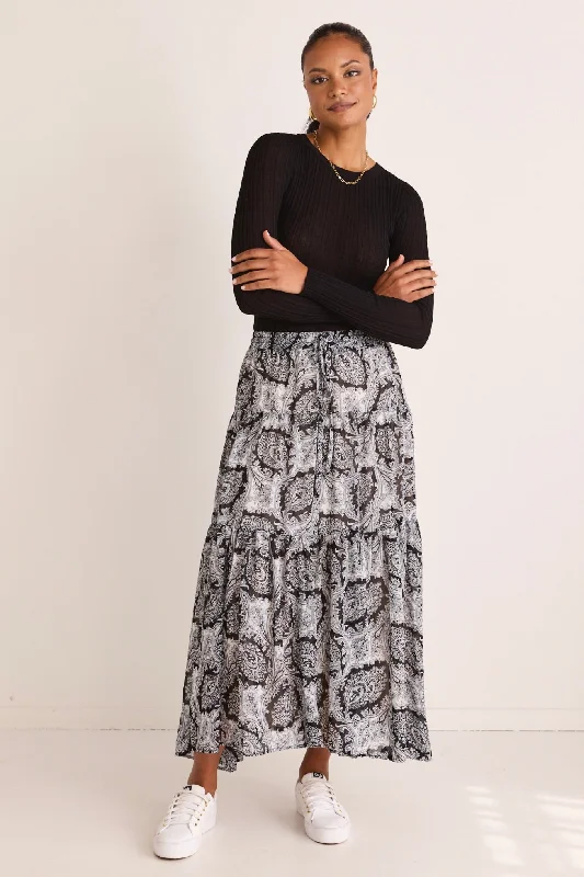 Sensational Black Paisley Tiered Drawstring Maxi Skirt