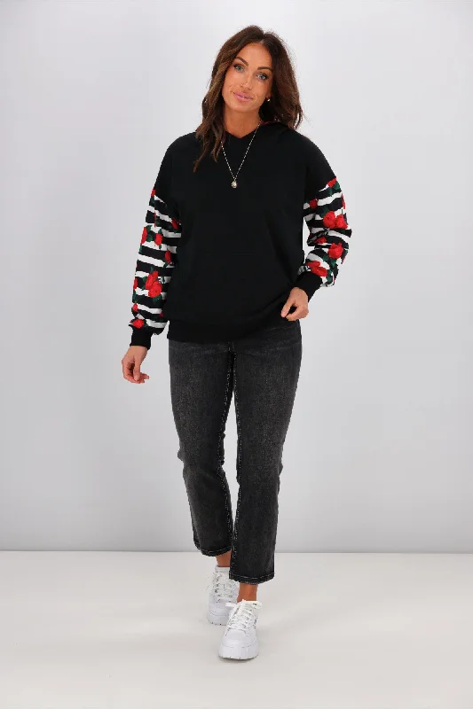 Shine On Label Lailah Hooded Sweatshirt with Floral Striped Sleeves & Hood Lining