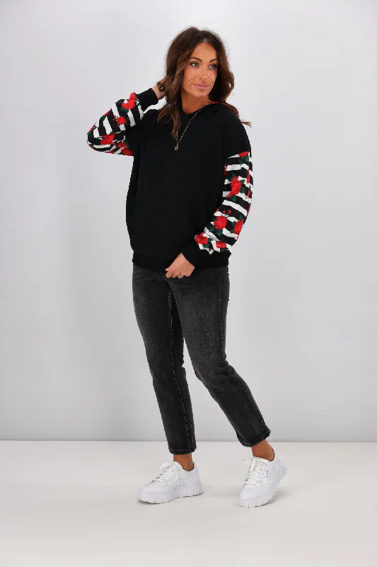 Shine On Label Lailah Hooded Sweatshirt with Floral Striped Sleeves & Hood Lining