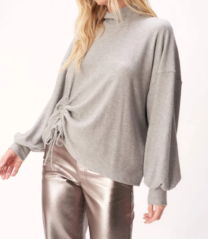 Sinead Cinched Heathered Cozy Rib Mockneck Top In Heathered Grey