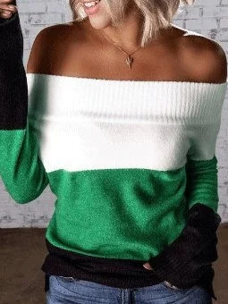 Sweaters Colorblock Long Sleeve Boat Neck Off-Shoulder Sweater for Women