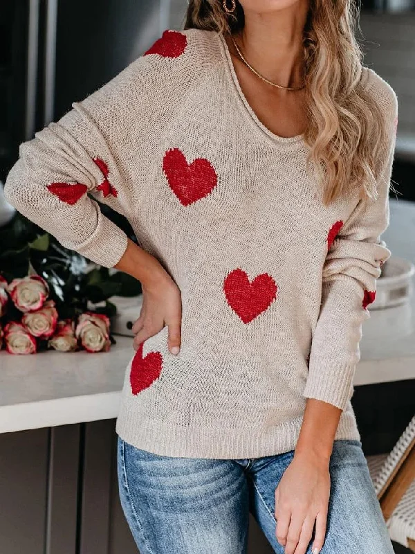 Sweaters Commuter OL Love Printed V-Neck Knit Sweater for Women