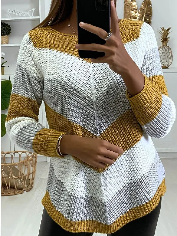 Sweaters Round Neck Color Blocking Irregular Long Sleeve Sweater for Women