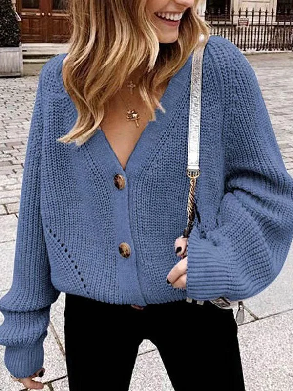 Sweaters Solid V-Neck Button Sweater for Women